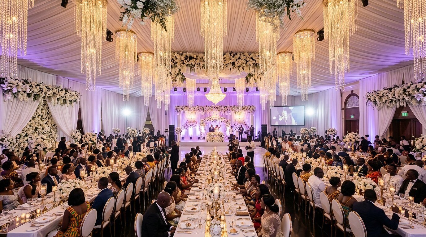 Luxury Ghanaian wedding reception hall with crystal chandeliers
