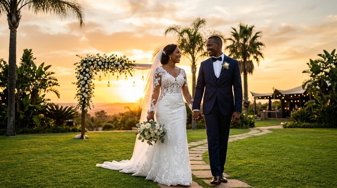 Romantic African wedding couple at golden hour