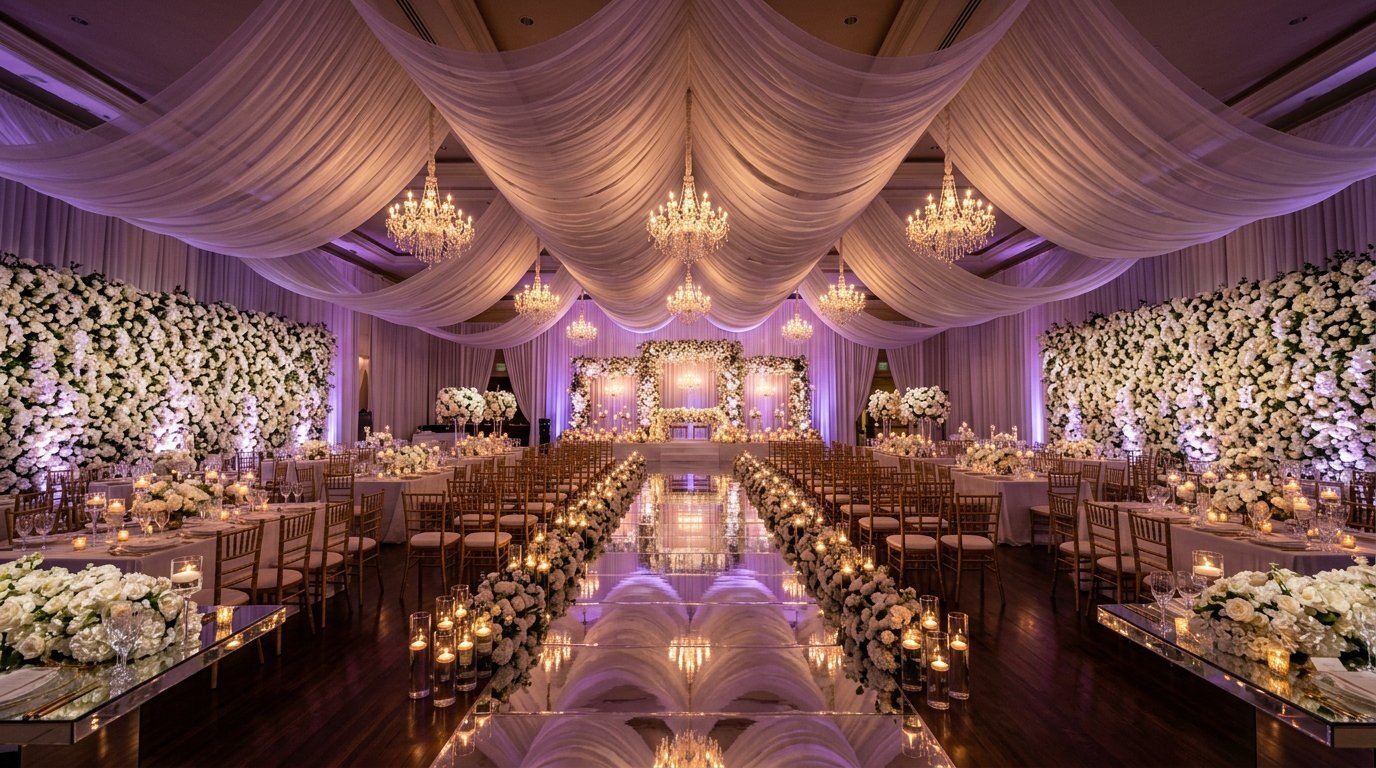 Luxury wedding venue transformation with chandeliers and florals