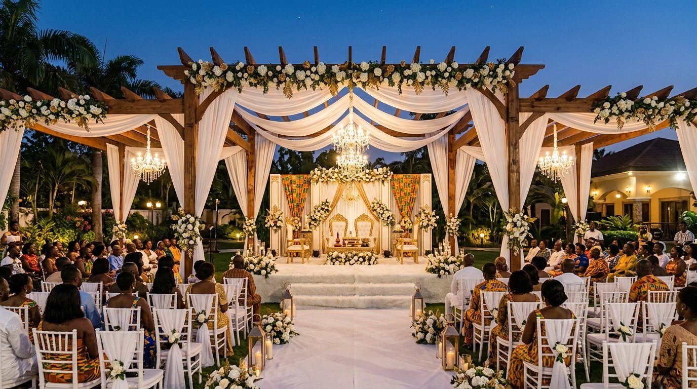 Traditional Ghanaian wedding ceremony with wooden pergola